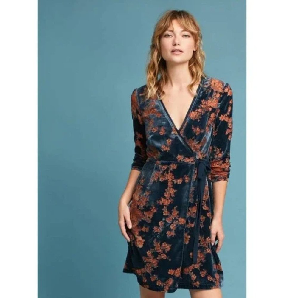 Anthropologie Eri + Ali Dress Enya Velvet Burnout Wrap Dress V-Neck (Med Petite)